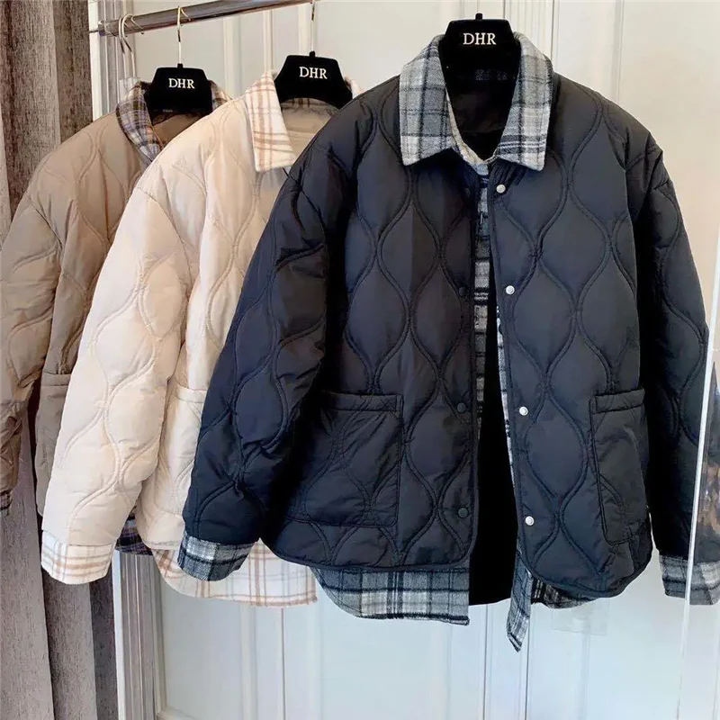 Autumn Winter Shirt Join Together Cotton Jacket Women 2024 New Fashion Loose Casual Fake Two Pieces Thicken Outerwear Female