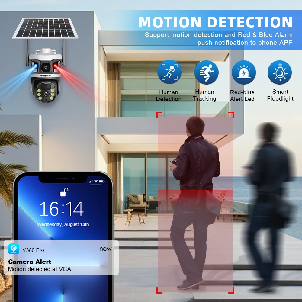 Hongnaer 8MP 4K V380 Pro عدسة مزدوجة لوحة طاقة شمسية ذكية تعمل بالطاقة اللاسلكية PTZ IP WiFi كاميرا CCTV خارجية تعمل بالطاقة الشمسية