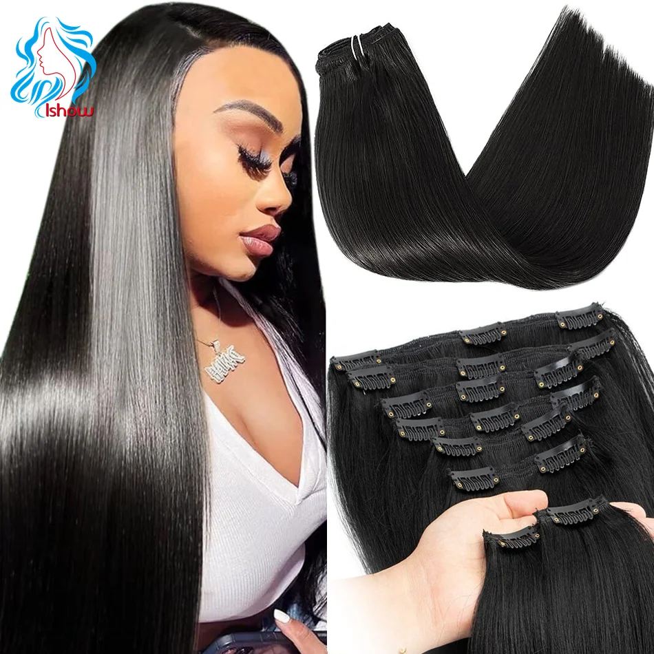 Maxhair-Extensão de cabelo reto com clipe para mulheres, cabelo humano, cabeça cheia, brasileiro, cor 1B, 100g por conjunto