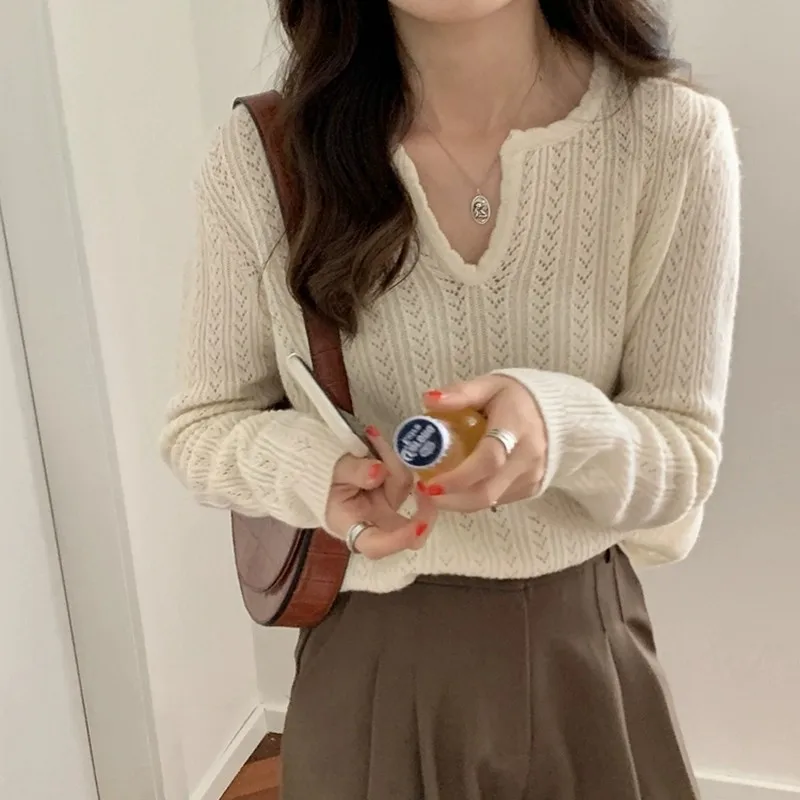 Lace Hollow Out 100% Cashmere Women's Semi-Open Collar Design Sense Thin Knitted Under-Shirt Korean Version Inner Wool Swe