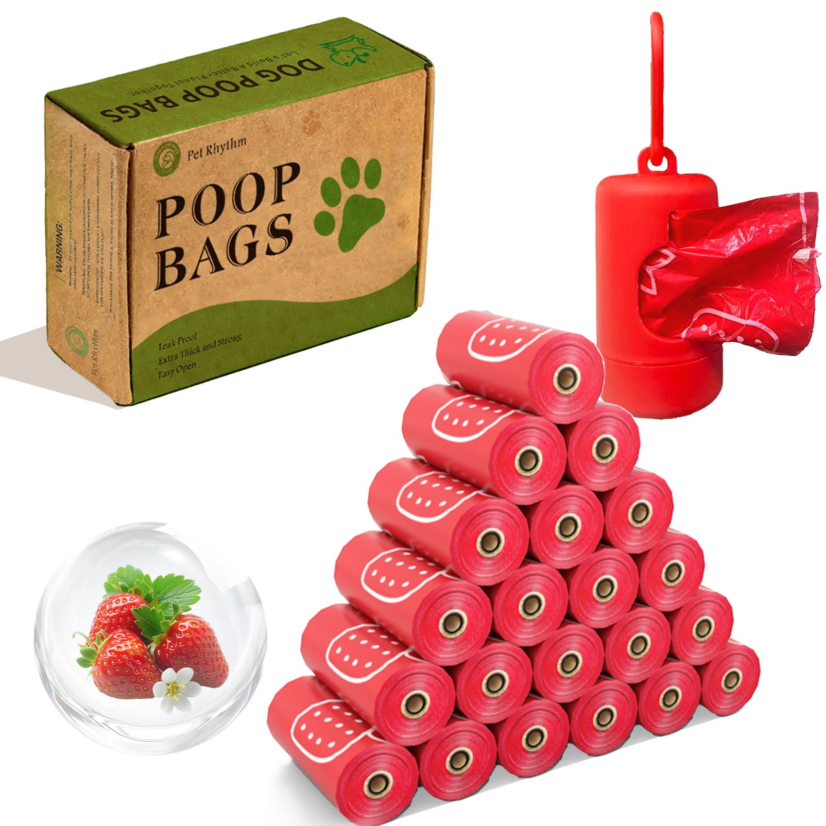 Bolsas fotodegradables para excrementos de perros rojos con fragancia de fresa y bolsas de basura gruesas para heces de mascotas con dispensador
