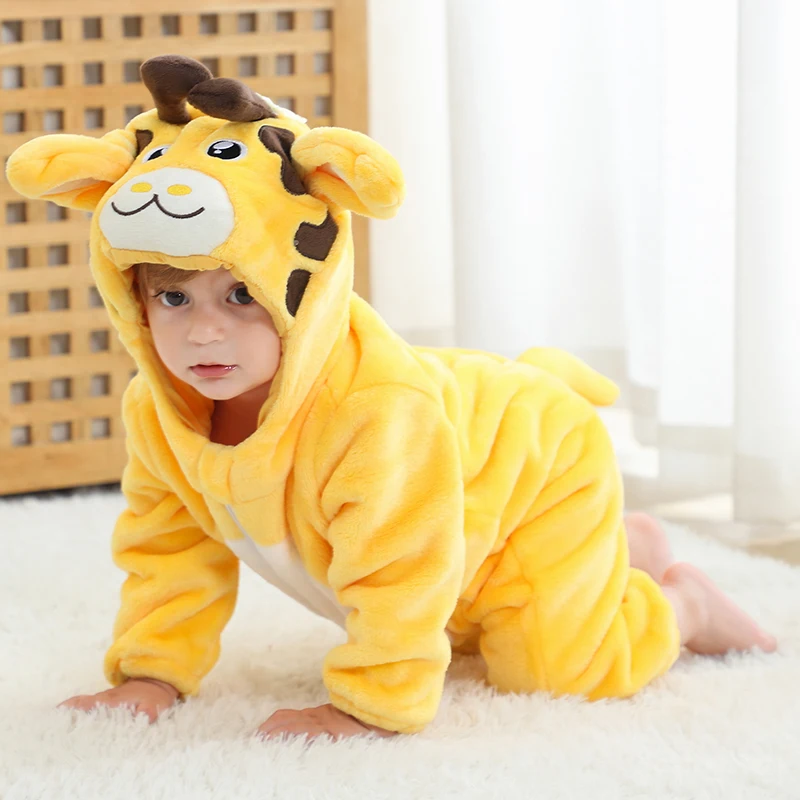 MICHLEY 2PCS Halloween Giraffe Baby Winter Rompers Bath Towel Hooded Clothes Warm Soft Cute Bodysuits Bathrobe Bebe 2-36 Months