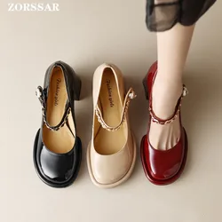 Red Mary Jane Women Pumps Thick High Heels Shoes Female Lolita Square Toe Shoes Spring Fashion Party Leather Woman Shoes New