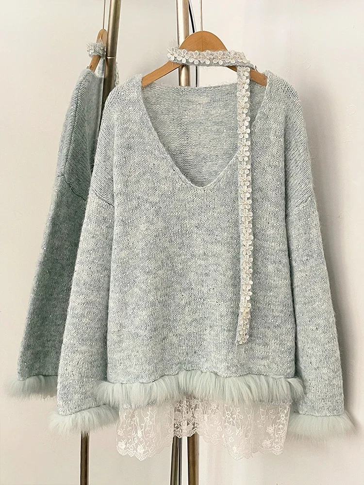 Vrouwen Nieuwe Lente Herfst Top Gebreide Kleding Losse Lint Truien Jas Echt Vossenbont Kant Truien Trui Jas Vrouwelijke