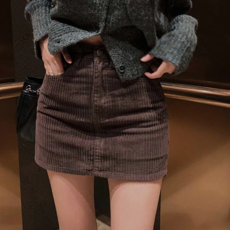 

Deeptown Korean Style Corduroy Skirt Women Vintage Brown Sexy Mini Skirts Elegant Harajuku Autumn Winter A-line Short Skirts