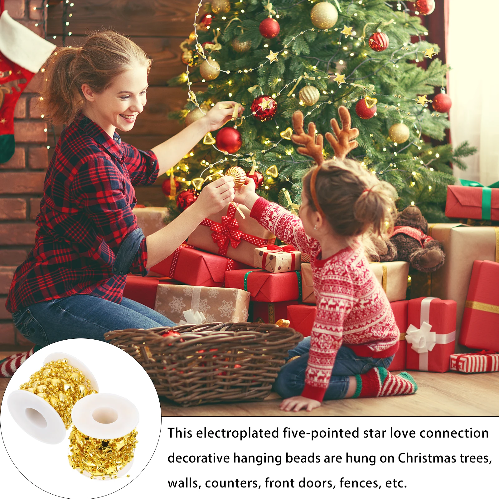 

2pcs Christmas Tree Bead Decor Fine Workmanship Hanging Beads String For Christmas Tree Wall Fence Five-Pointed Star