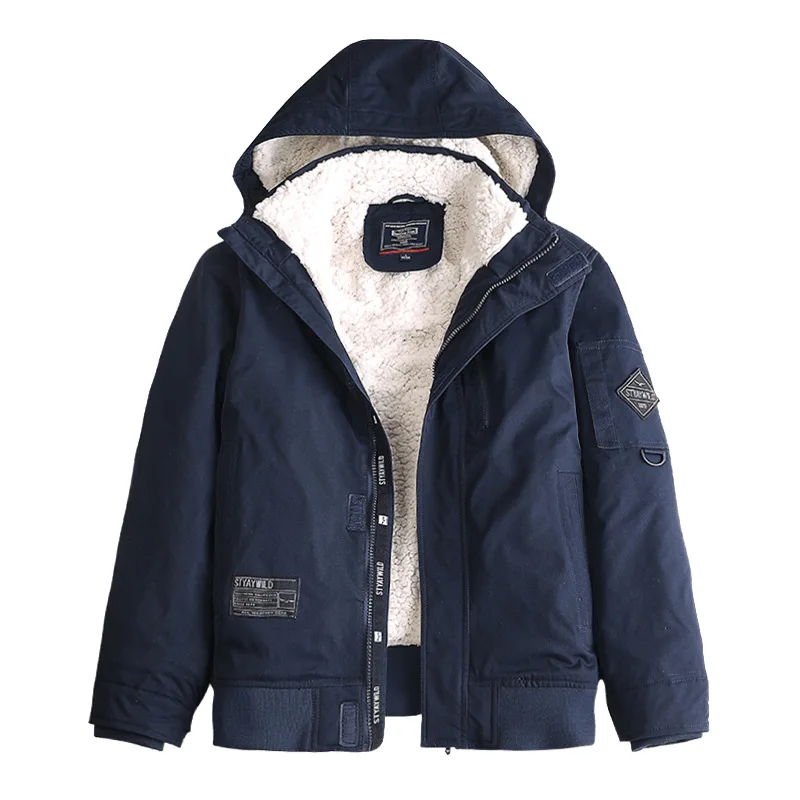 Men's Casual Cotton-padded Jacket, Hooded Washed Plus Velvet Tooling, Cotton-padded Jacket, Casual Lamb Fleece Jacket,