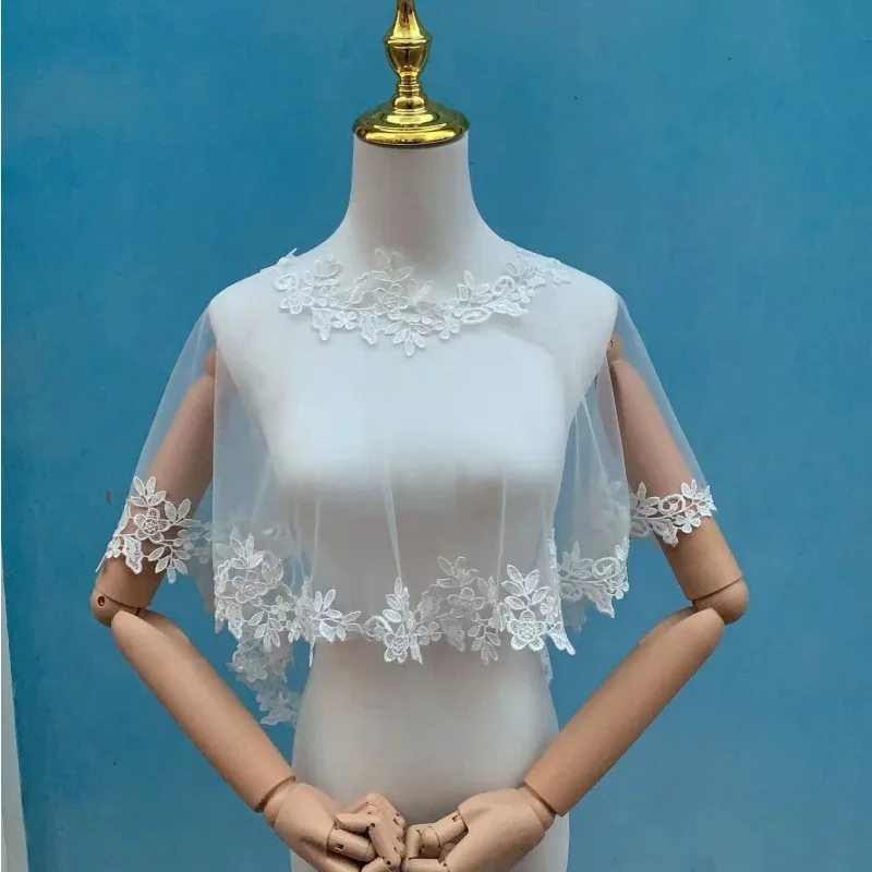 Lace Appliques Wedding Boleros Stole Tulle Short Front Long Back Bride Shrugs Bridal Capes Formal Party Coat Women Accessory