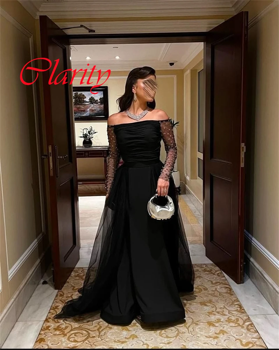 Customized Delicate Black Jersey Evening Dress Exquisite Strapless Off the Shoulder Long Sleeves Zipper Back Homecoming Dress