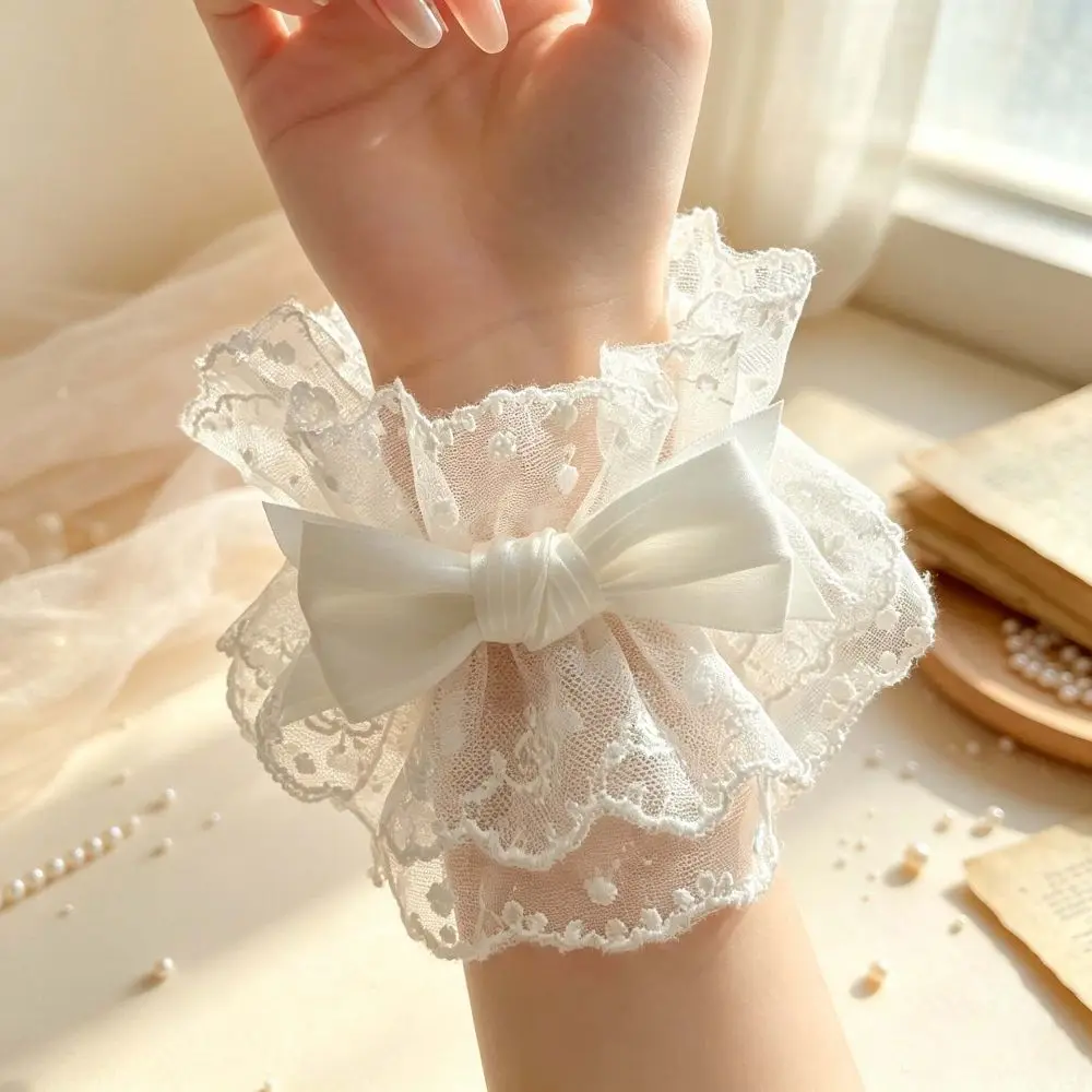 Ruffled Lace Lolita Wrist Cuffs Tulle Design Floral Lace Sweater Cuff Covers Sweet Satin Multicolor Bowknot Cosplay Bracelets