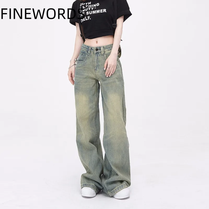 

FINEWORDS Vintage Y2K Washed Wide Leg Jeans Women Harajuku Streetwear Baggy Jeans High Waist Punk Korean Casual Denim Pants