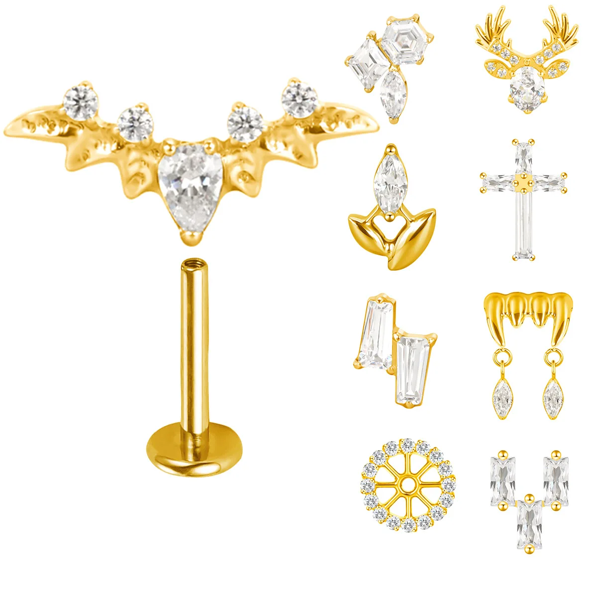 ASTM F136 Titanium EAR PIERC Wheel Cross Bat Ear Lip Studs Zircon Top Labret Earrings Factory Wholesale Body Piercing Jewelry