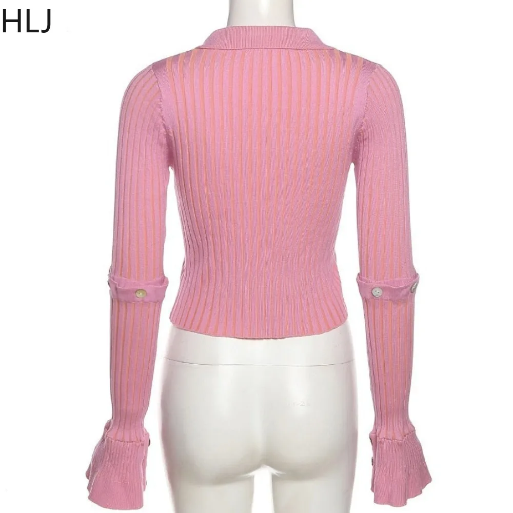 HLJ Pink Fashion Ribber Knitting Tops Women V Neck Long Sleeve Button Slim Clothing Sexy Female Solid Elasticity Top Streetwear