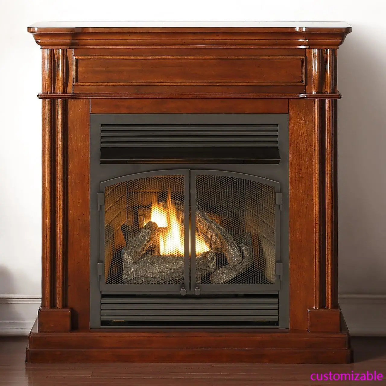 

Dual Fuel Ventless Gas Fireplace System with Mantle, Remote Control, 6 Fire Logs, Use with Natural Gas or Liquid Propane