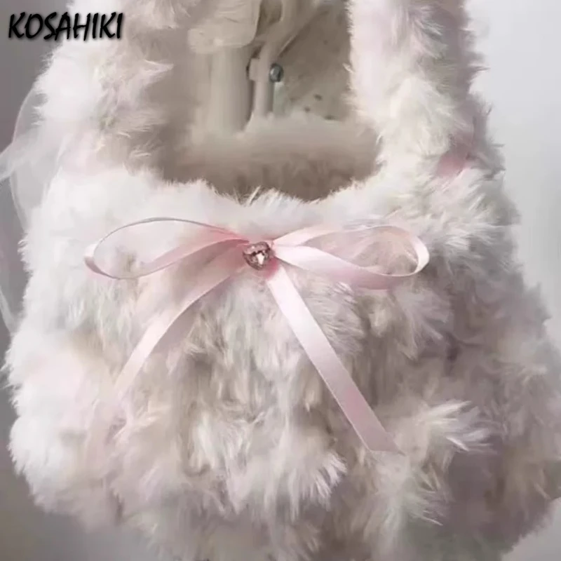 Koreańska słodka, delikatna torebka z kokardką Y2k estetyczna damska Kawaii puszyste torby na ramię w chmurze modna urocza, elegancka torba pod