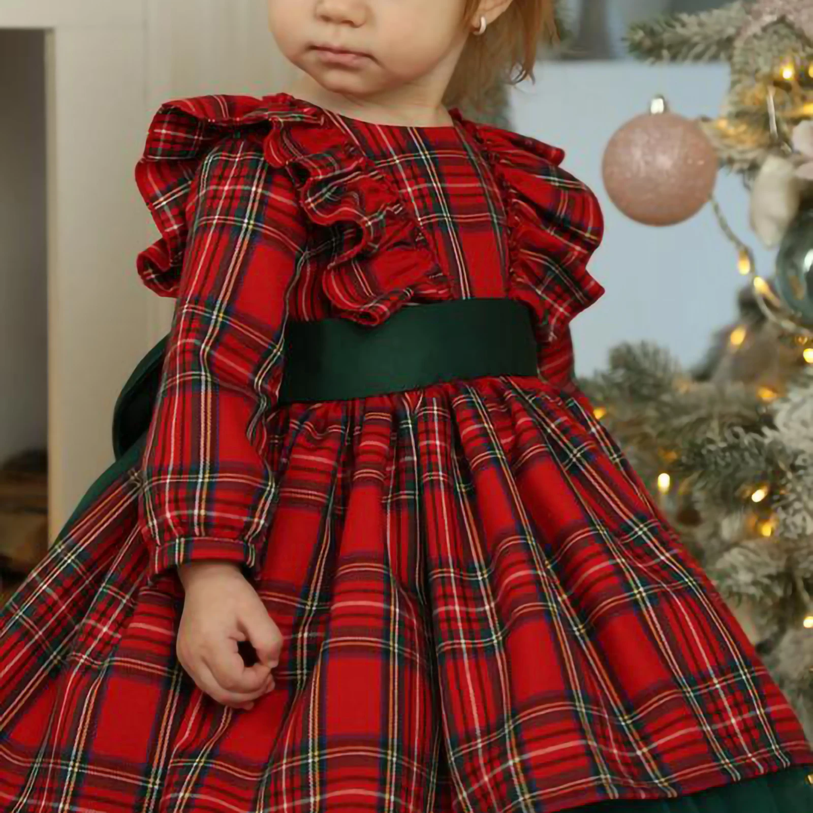 Newborn Christmas Dress Baby Girls Plaid Fly Sleeve Round Neck Mesh Patchwork Girls Baby Xmas Costumes Tutu Party Dresses