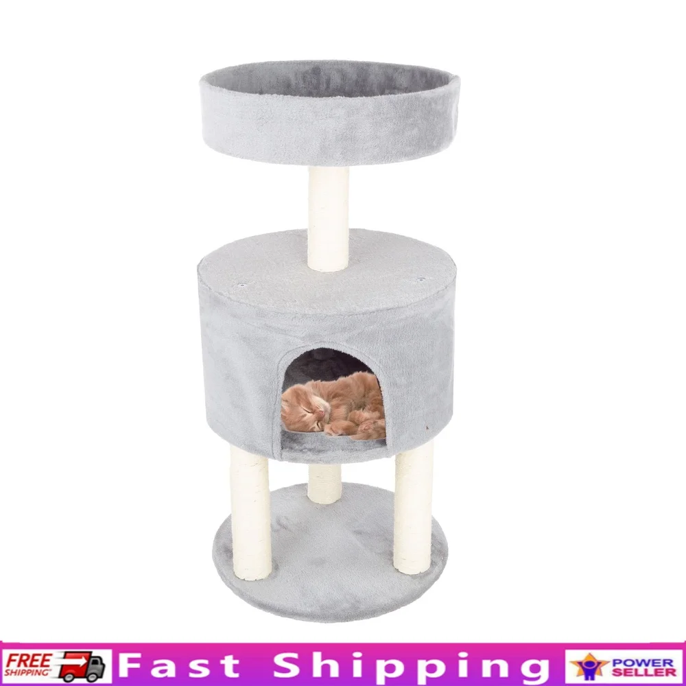 

2-Tier Kitty Cat Condo with Overhead Balcony Soft Fabric Scratching Post Compact Cat Tree Napping Hiding Relaxation