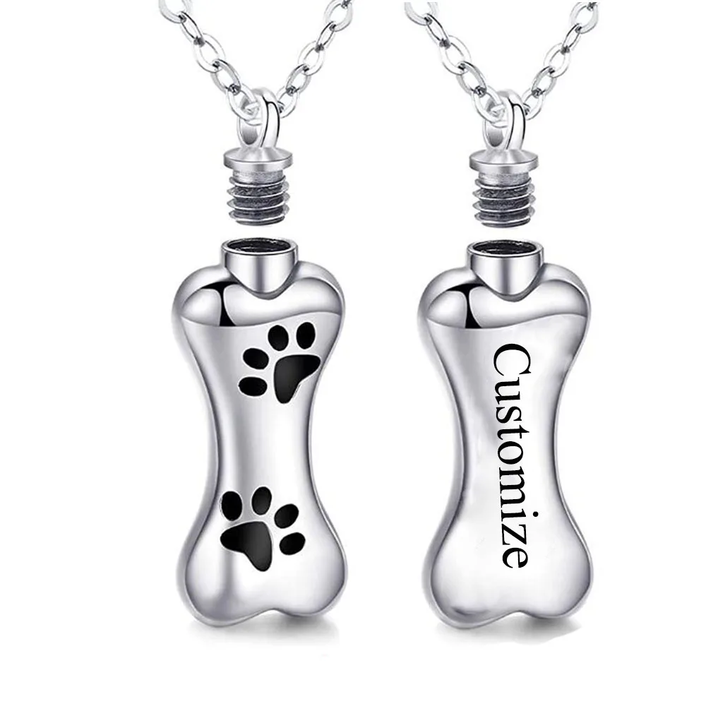 Dog Bone Memorial Pendant Necklace for Ashes with Paw Stainless Steel Personalized Pet Keepsake Gifts Urn Cremation Jewelry