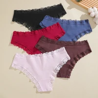 5Pcs Women Ribbed Cotton Bikini Sexy Underwear Low‑Rise Thong Floral Lace Trim G-String Breathable Ladies Panties Lady Briefs 3