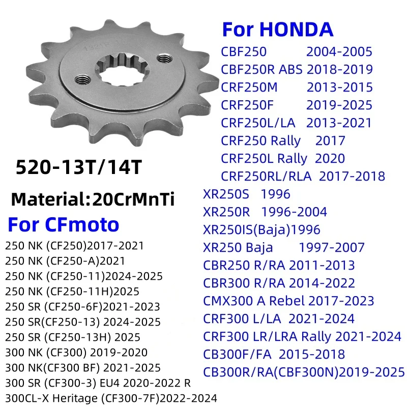 

520-14/13T Front Sprocket for CF Moto CF250 CF300 250 300 NK SR Honda CRF250 CBR250 XR250 S CMX300 A Rebel CBR300 CB300 CRF300 R