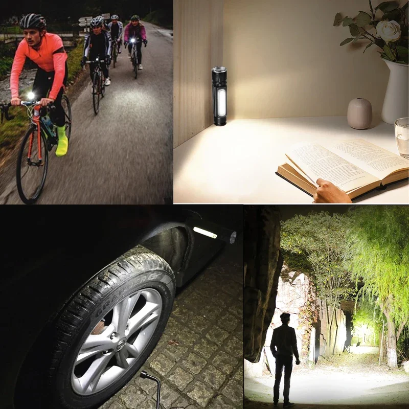 Lanterna LED forte com bateria recarregável USB, Tocha poderosa com luz lateral COB, Lanterna, Luz de trabalho do ímã da cauda