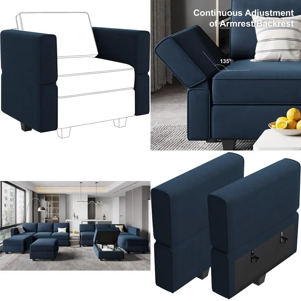 모듈형 섹셔널 소파 벨벳 블루 팔걸이 등받이 모듈, 소파 측면의 편안함과 지지 제공