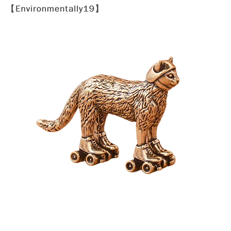 Brass Distressed Ski Cat Figurine Miniature Tea Pet Craft Desktop Small Ornament Animal Home Decor Accessories Children Gift