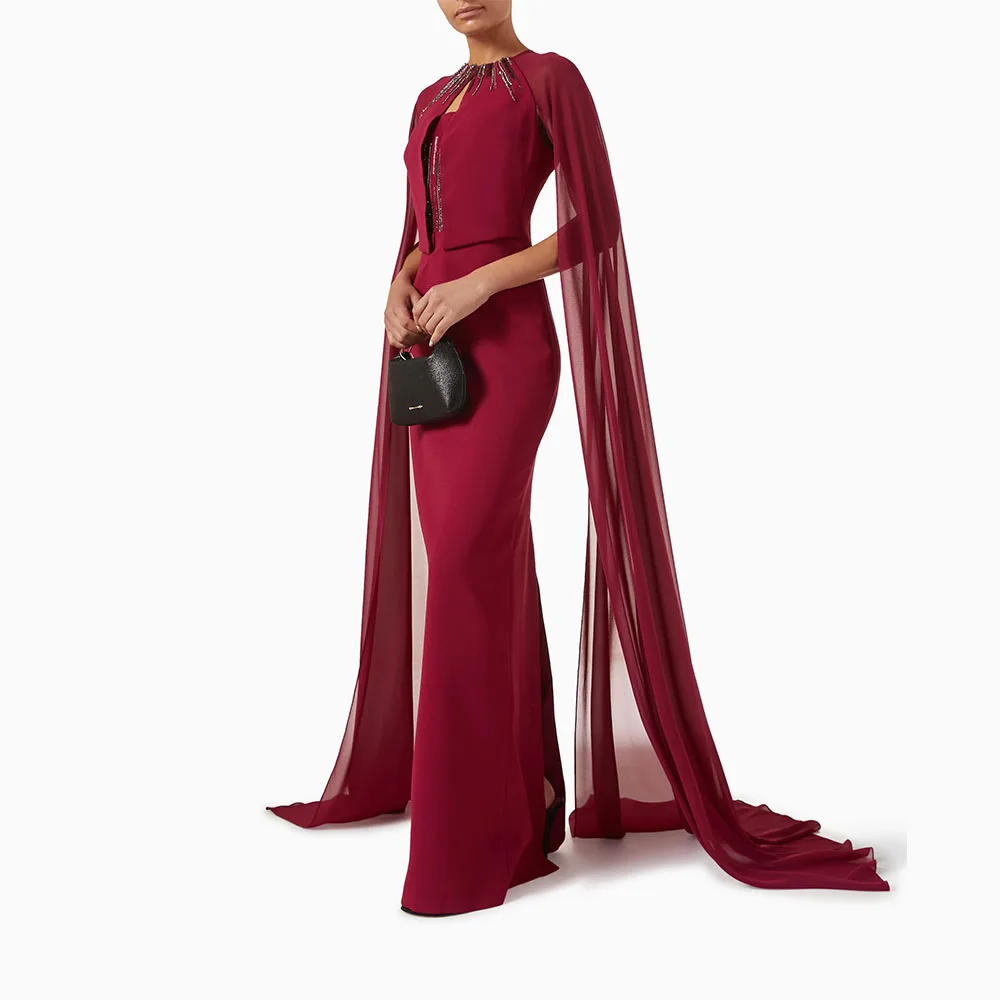 

Modern Mermaid Prom Dress O Neck Beading Women's Evening Dress Cloak Sleeves Formal Wedding Party Dress Floor Length Saudi Gown