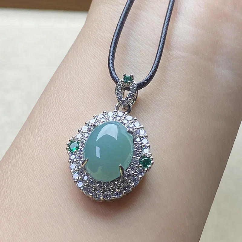 Natural Real Emerald Blue Water Pendant Ring Myanmar Jadeite Necklace Jewelry Charm Designer Luxury Vintage Women Amulet Gift