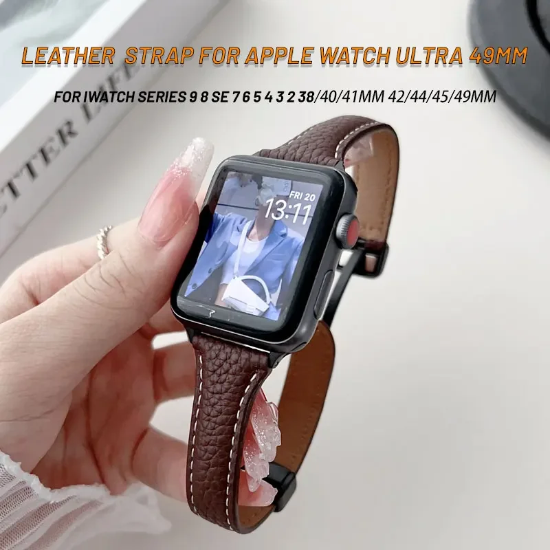 Luxury Leather Slim Band For Apple Watch Ultra 2 49mm 41mm 45mm Magnetic Buckle For Iwatch Series 9 8 7 6se 5 4 3 Women Bracelet