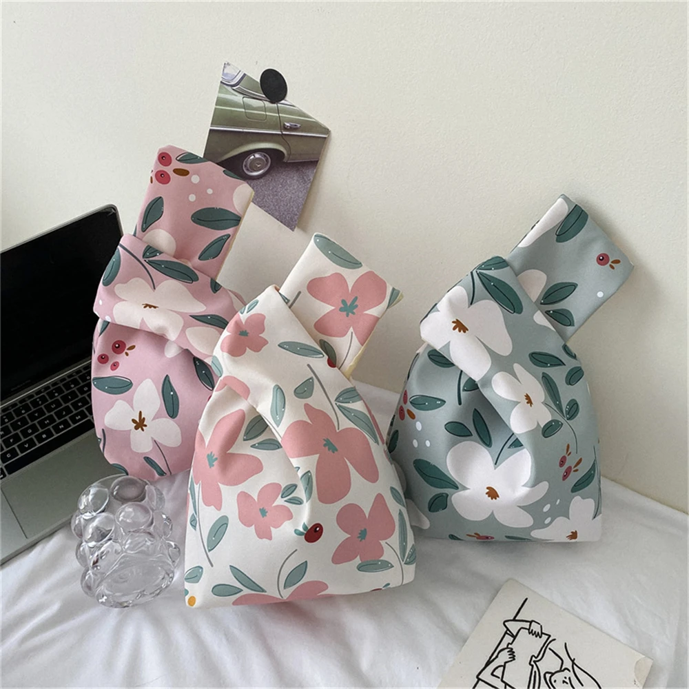 

Cotton Women's Handbags Knot Wrist Shopping Bag Eco Reusable Grocery Pouch Japanese Portable Tote Handbags Cute Coin Purse Bag