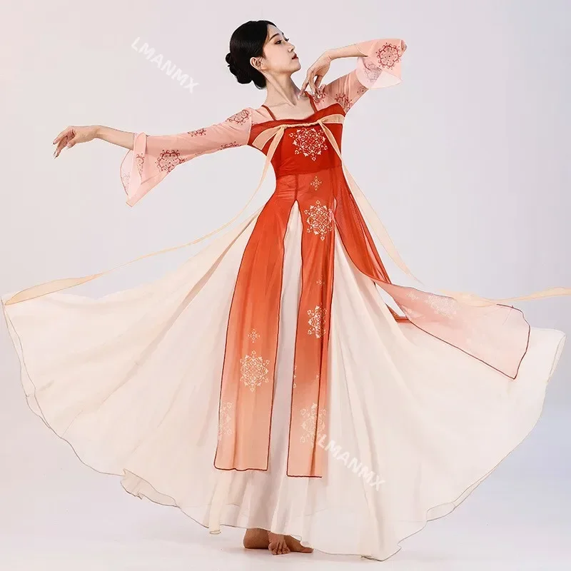 Classical Dance Costume for Women Han and Tang Dynasty Chinese Style Stage Outfit Showcasing an Elegant and Long Mesh Dress