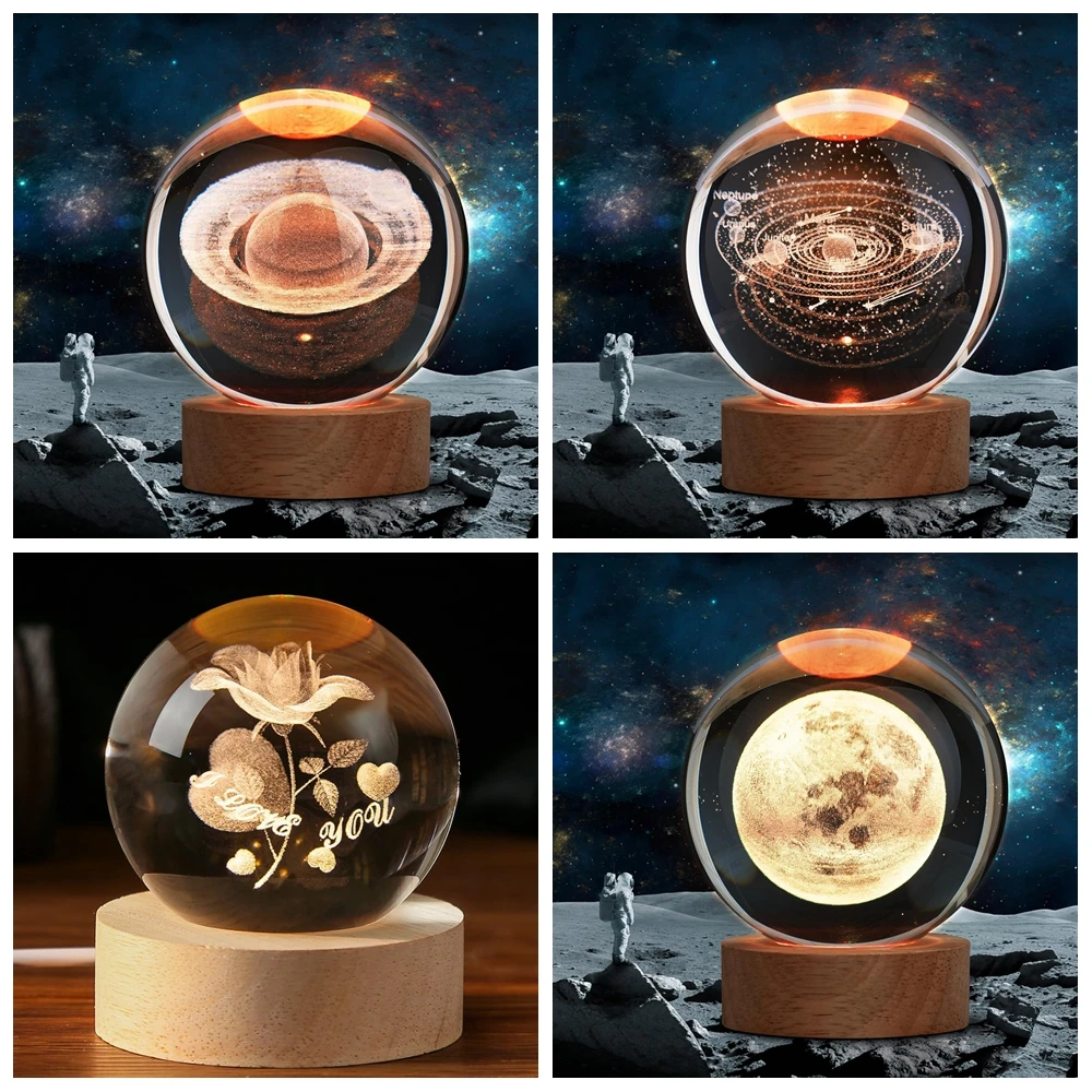 3D Solar System Moon Rose Saturn Inner Carved Crystal Ball Night Light with Wood Base, Birthday Gift for Teens Boys and Girls