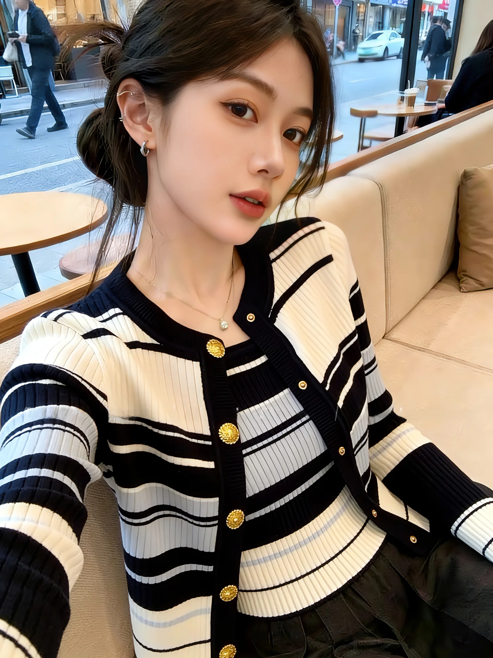 

Women's Striped Knitted Shawl Cardigan Self-Keeping Style Spring New Inner Wear Tank Top Set Slim Fit Long Sleeve round Neck
