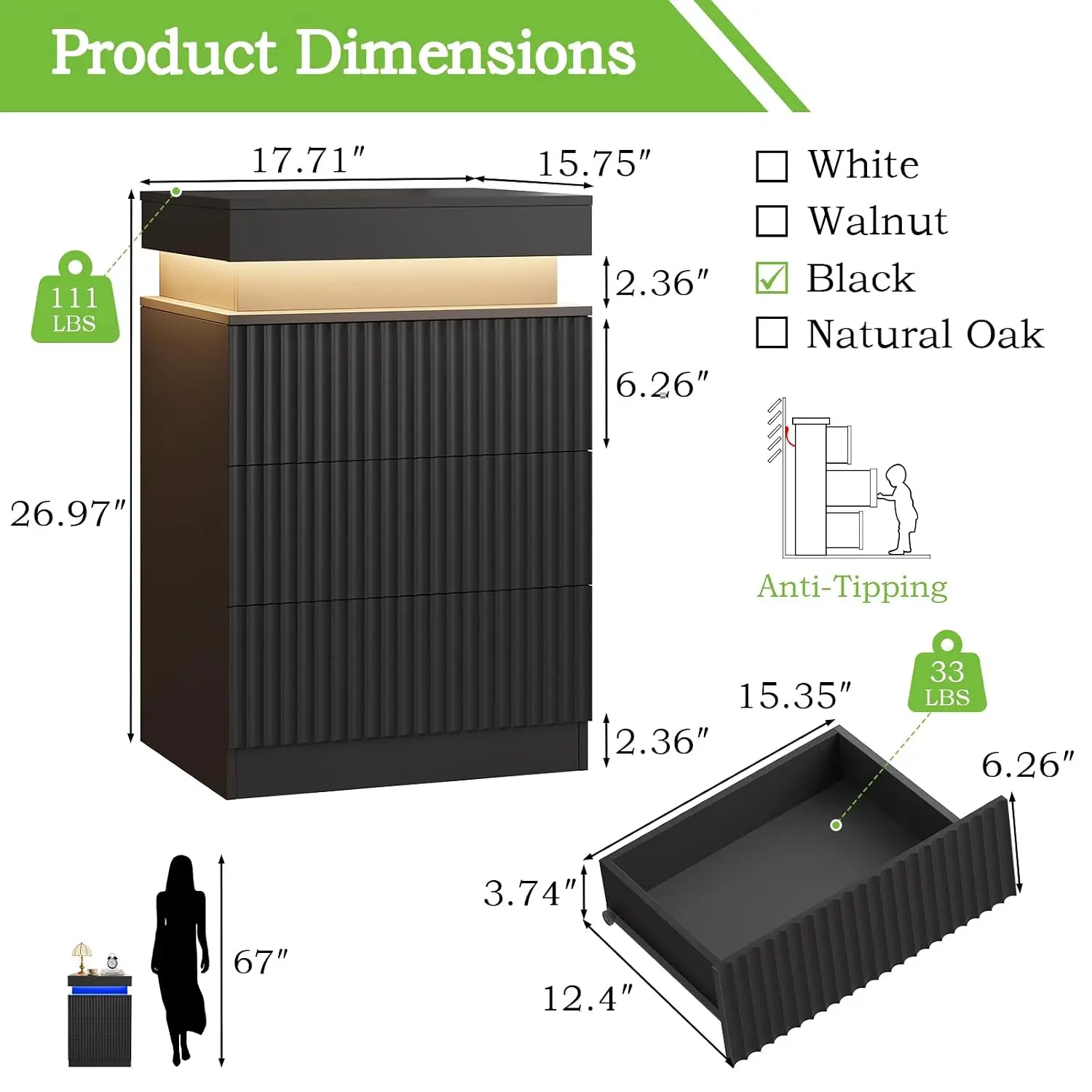 Black Fluted Nightstand with Charging Station & LED Lights