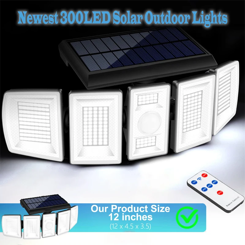 Newest 7000K Solar Lights Outdoor 300LED Motion Sensor Brightness 360°Angle Waterproof Security Flood Light for Garden Wall