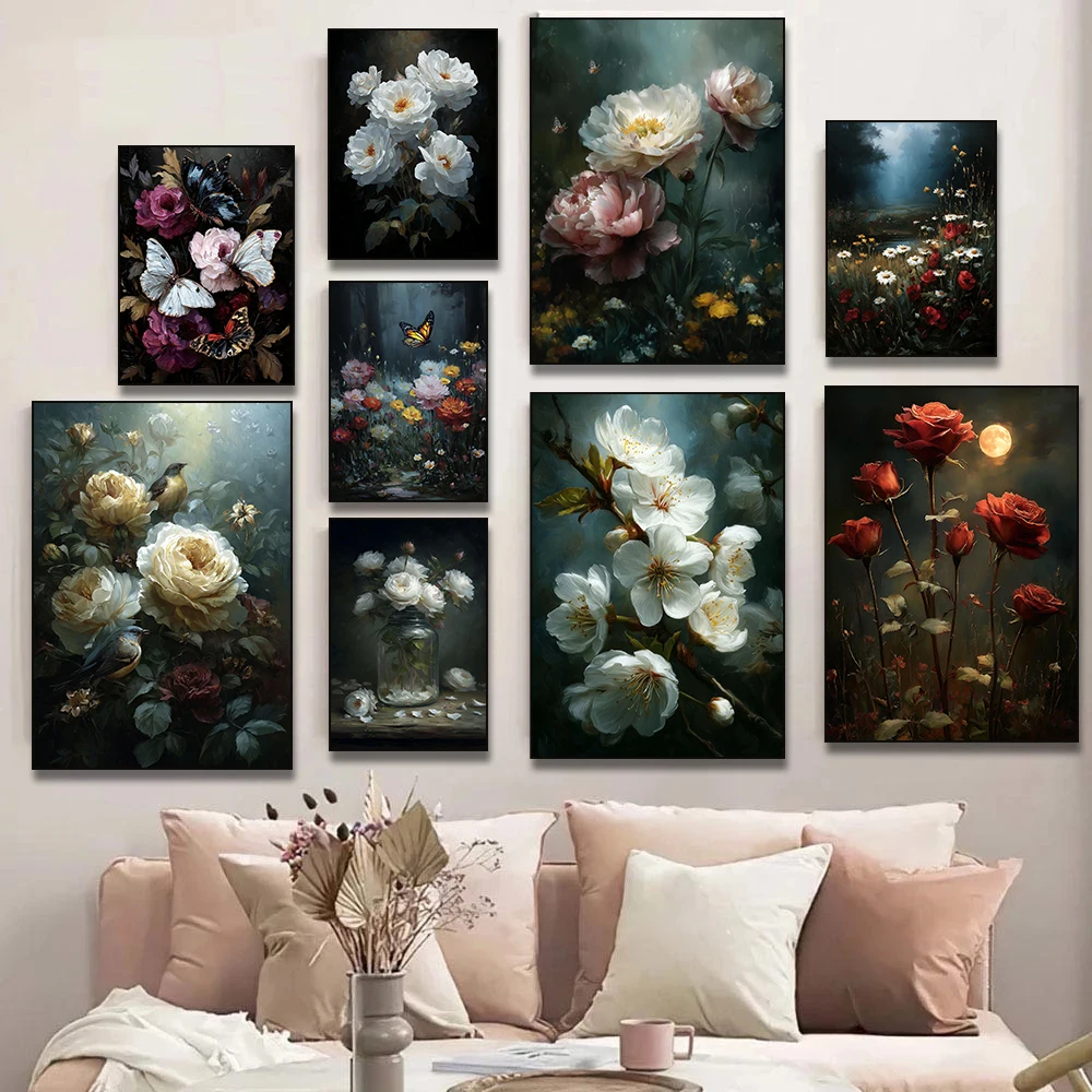 Butterflies Roses Wildflower Meadow Poster Canvas Painting Print Wall Art  Moody Gothic for Living Room Home  Cuadros