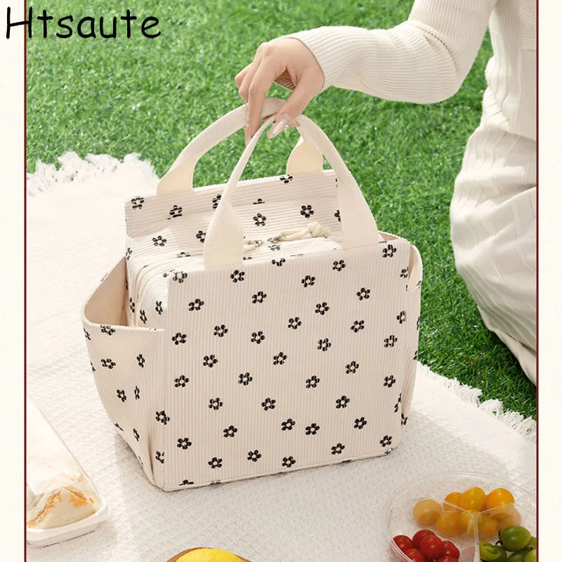 

Corduroy Insulated Lunch Bags food bag aluminum foil cotton lining thickened insulation suitable for office picnic-tan