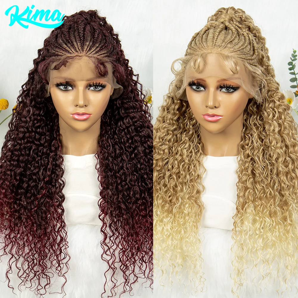 Kima Synthetic Cornrow Braided Wigs 13x4 Lace Front Wig Ombre Colored Half Updo Ponytail Curly Wigs For Black Women