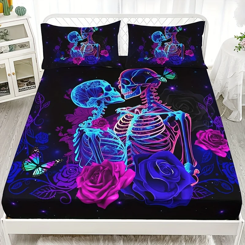 Fitted Sheet Set Fashion Romantic Soft Breathable Color Floral Skull Couple Print Bedding Mattress Protector Set For Bedroom