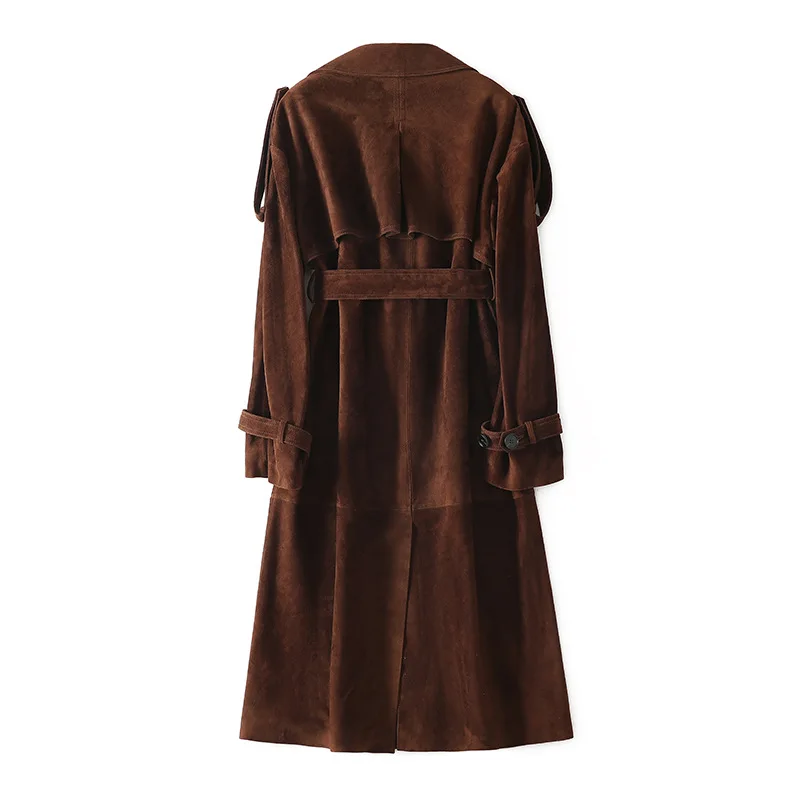 Chaqueta de ante auténtica para mujer, abrigo de piel de oveja marrón/gris, elegante, estilo británico, cinturón cruzado, abrigo de cuero informal largo ajustado