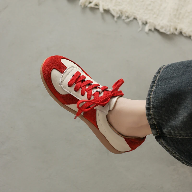 PYUXD German Army Trainer Sneakers Women Genuine Cow Suede Leather Retro Contrast Color Lace Up Flat Board Shoes Plus Size 34-43
