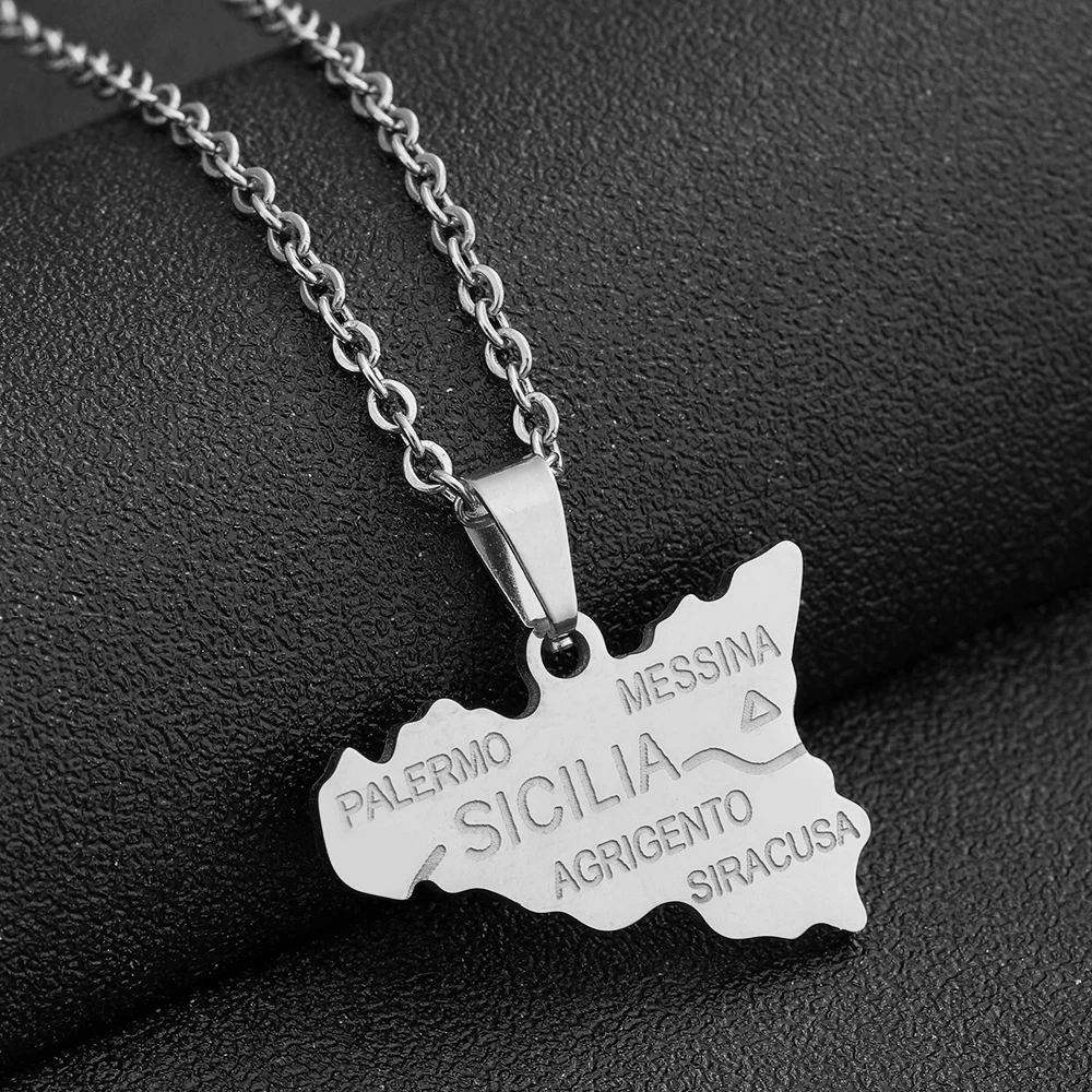 Italy Sicily Island Map City Pendant Necklace Stainless Steel Gold Silver Color Sicilia Map Jewelry For Men Women Gift