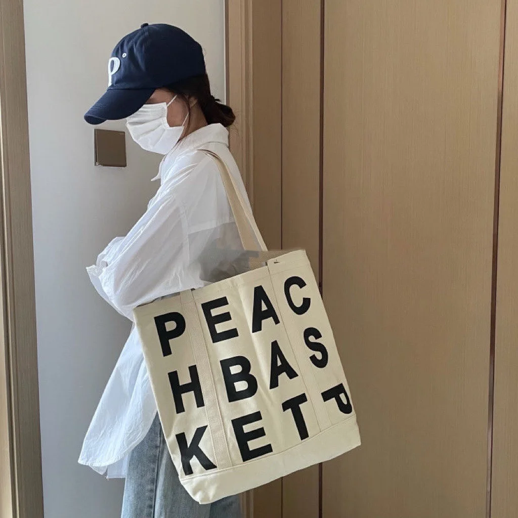 Women Canvas Shoulder Bag Letter Printing Ladies Casual Handbag Tote Bag Large Capacity Cotton Reusable Shopping Beach Bag 2022