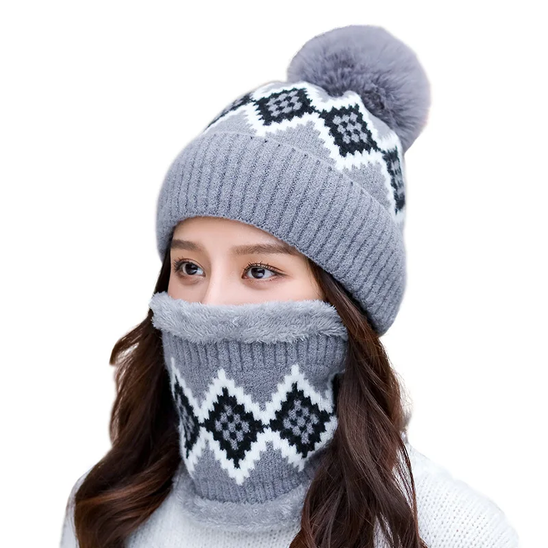 Winter Mask Set Hooded for Women Knitted Cashmere Neck Warm Russia Outdoor Ski Windproof Hat Thick Plush Fluffy Beanies