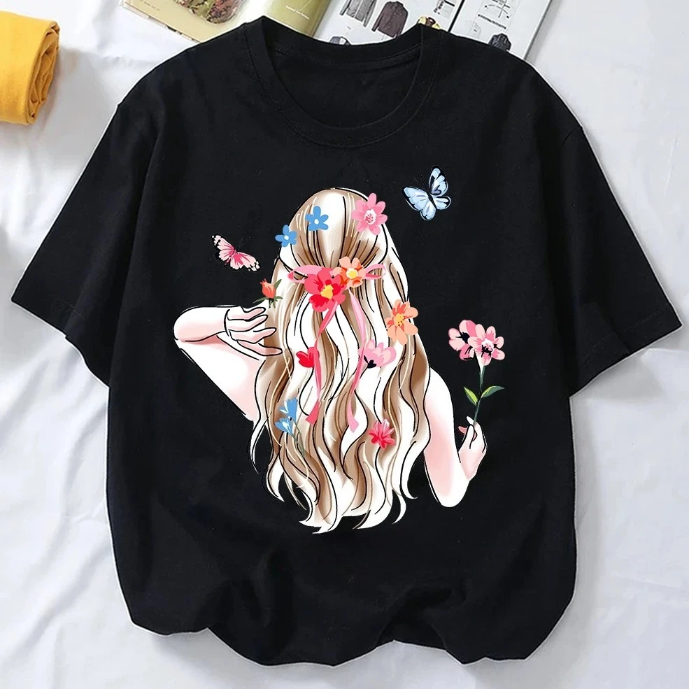 Harajuku Style T-shirt, Pretty Girl Printed T-shirt, Women's Spring Clothing, Harajuku Style Short-Sleeve Casual T-shirt Top