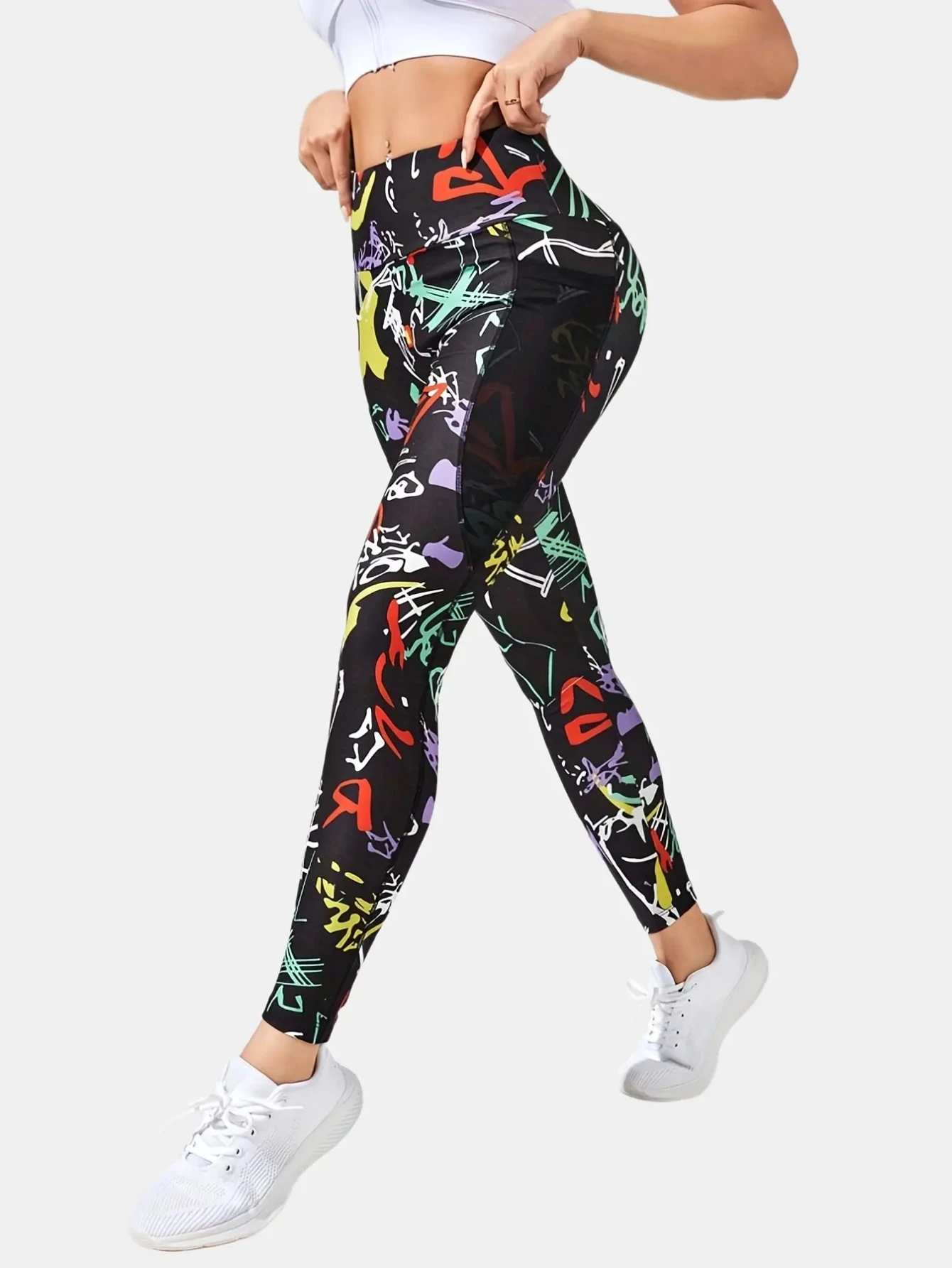 Yoga Trendy Graffiti Print Wideband Waist Sports Leggings With Phone Pocket