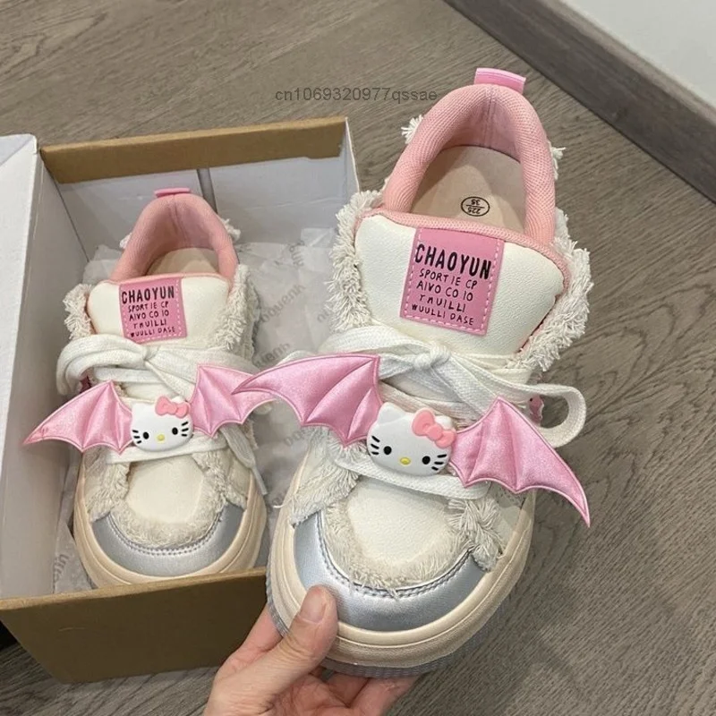 Back to School Sanrio Hello Kitty Sneakers with Bat Wings & Thick Soles for Women Small White Shoes Spring Skateboard Shoes