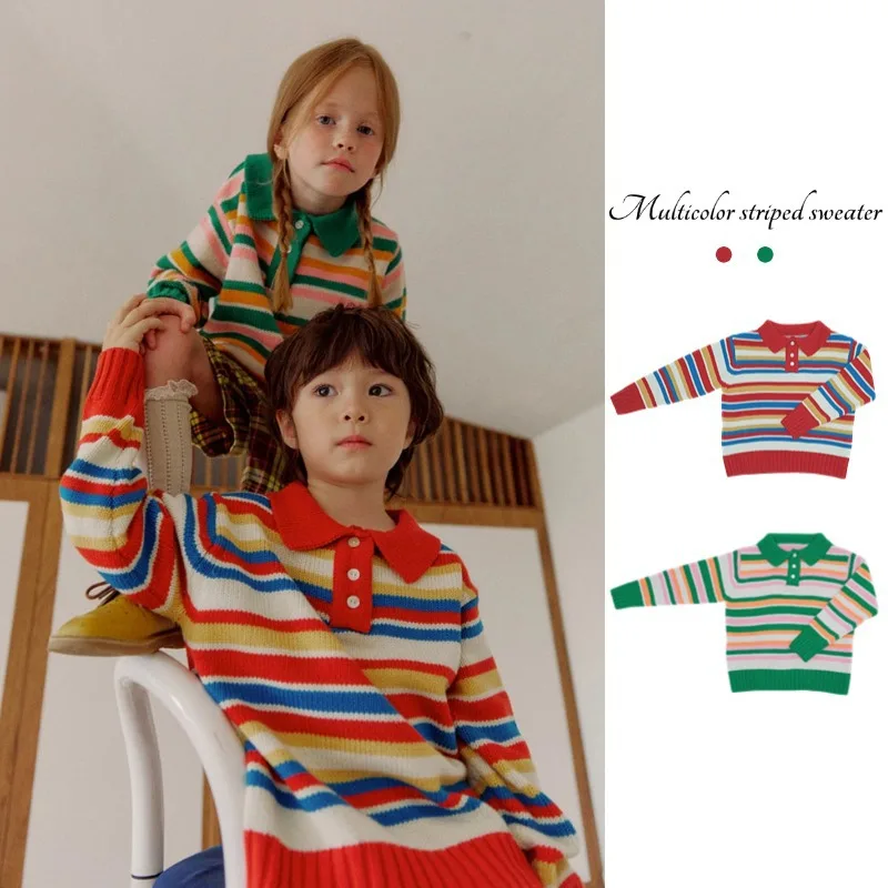 

Children's Retro Sweater 2024 New Ins Boys' and Girls' Autumn/Winter Color Blocked Striped Line Sweater Versatile Warm Top