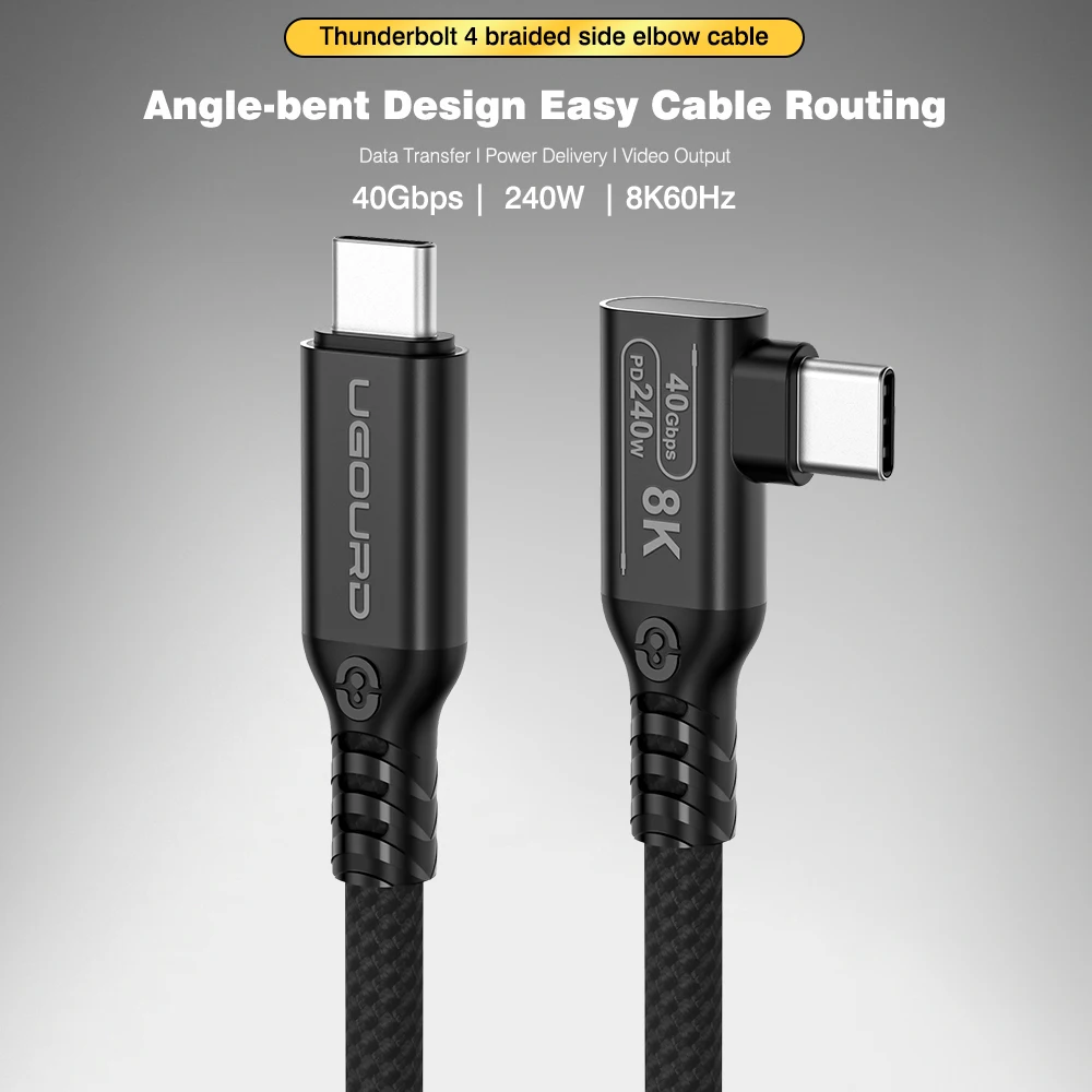 UGOURD Thunderbolt 4 Elbow USB4 Cable 40Gbps PD240W 8K@60Hz Type C to C 90 Degree Side Vertical Bend Braided Cable for SSD EGPU